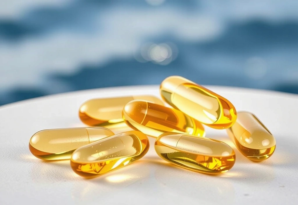 Huiles de poisson riches en Oméga-3 dans des gélules transparentes, avec un fond marin flou.